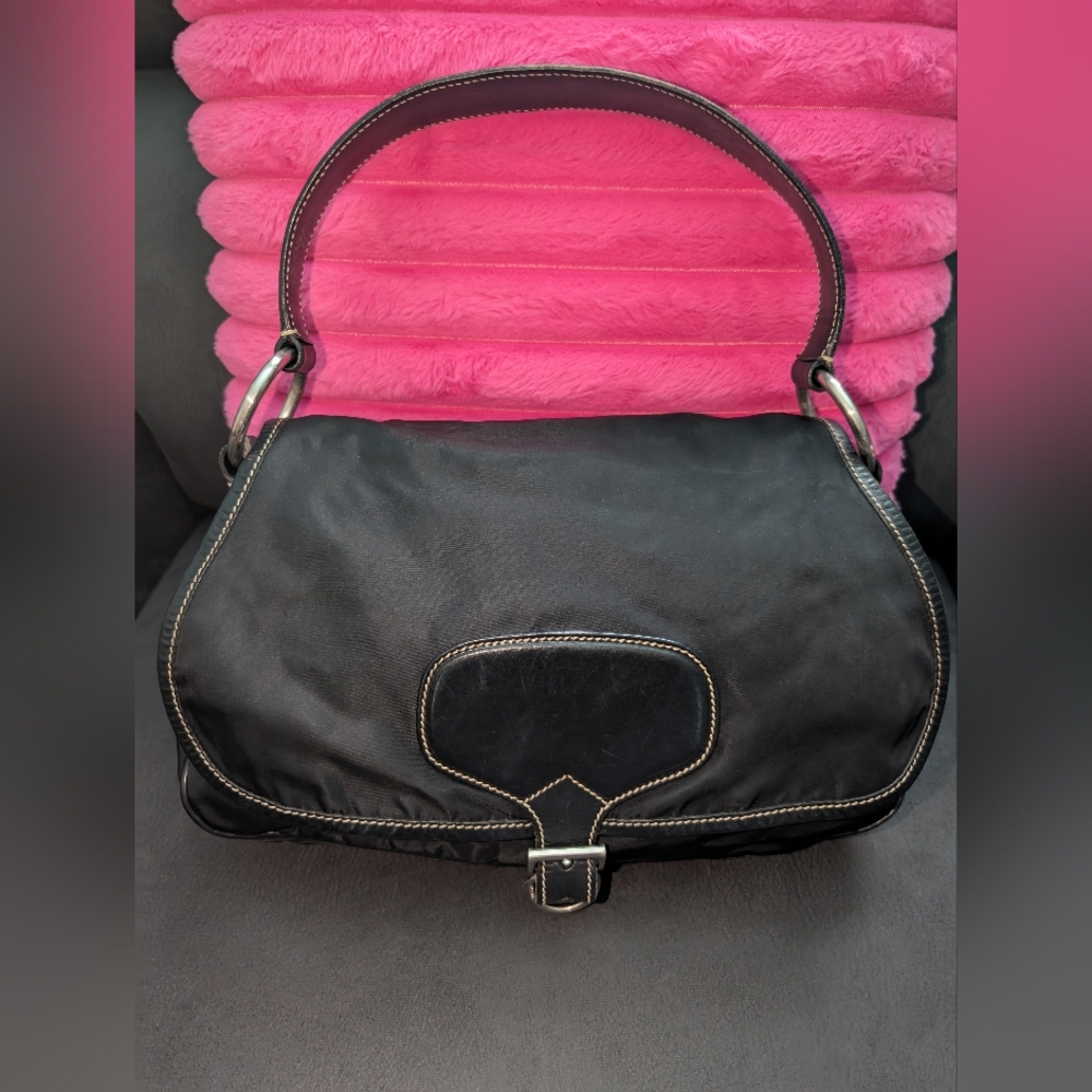 Prada Tessuto Nylon Corsaire Black Bag w/White Contrast Stitching. Vintage GUC